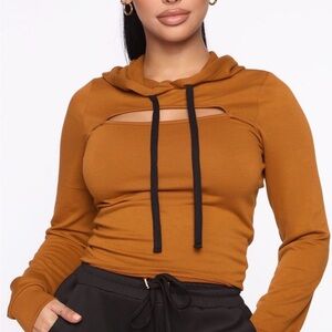 Fashion Nova Camel Cutout Hooded Long-Sleeve Crop Top with Black Drawstrings